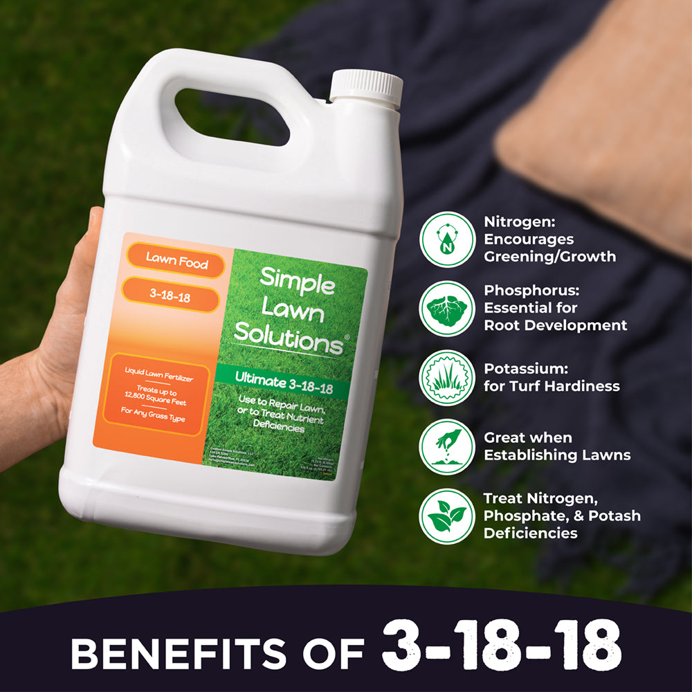 Benefits of 3-18-18, nitrogen encourages greening and growth, phosphorus for root development, potassium for turf hardiness, great when establishing lawns, treats nitrogen and potassium deficiencies.