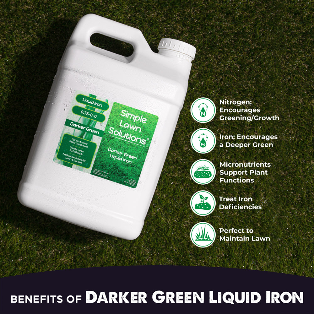 Darker Green Liquid Iron (2.5 Gallon) by Simple Lawn Solutions contains nitrogen and iron for a deeper green and growth, micronutrients to support essential plant functions, and to maintain your lawn