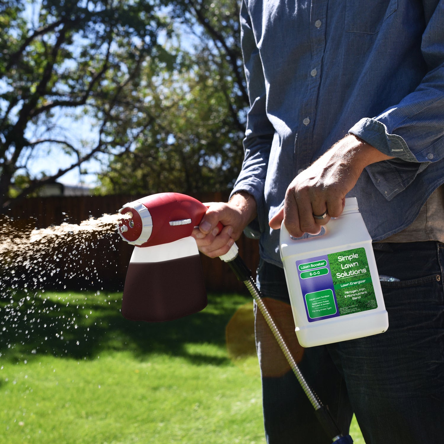 Lawn Energizer liquid lawn booster applied to lawn using ortho hose-end sprayer