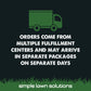 Orders may come from multiple fulfillment centers and may arrive In separate packages on separate days.