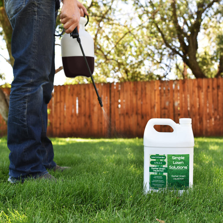 Darker Green Liquid Iron (1 Gallon) being applied to a lawn with a pump-sprayer