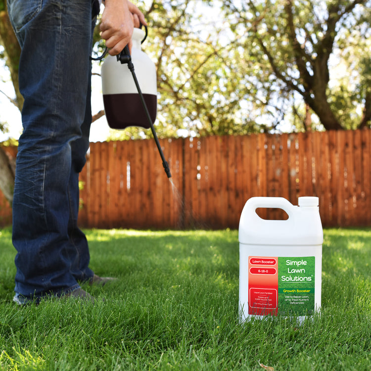 Apply Growth Booster with pump sprayer to lawn