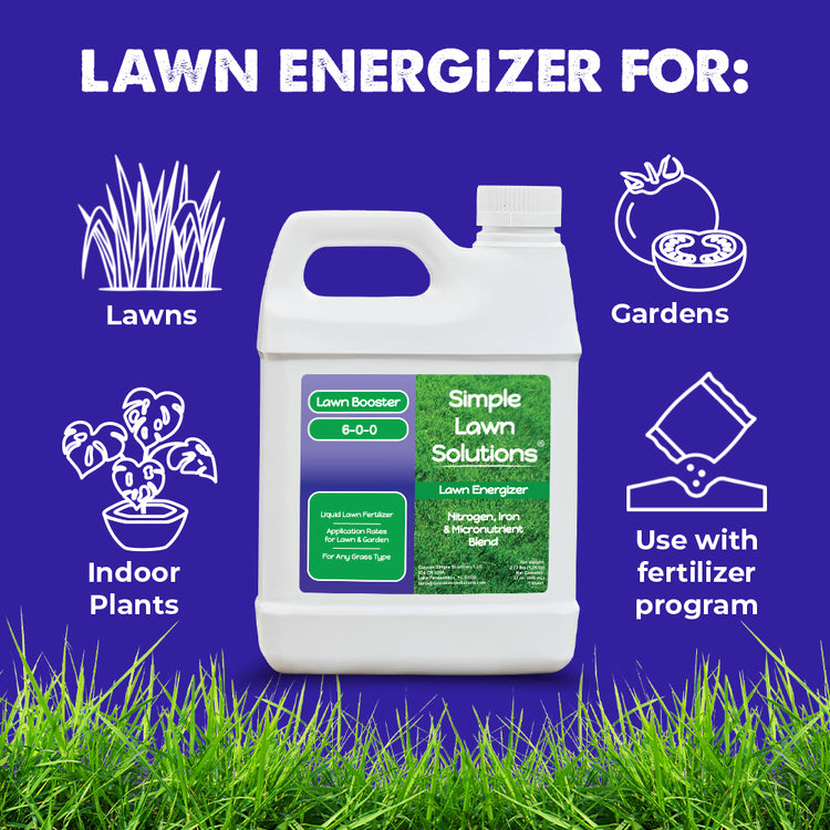 Lawn Energizer with iconography indicating for lawns, indoor plants, gardens and use with fertilizer program
