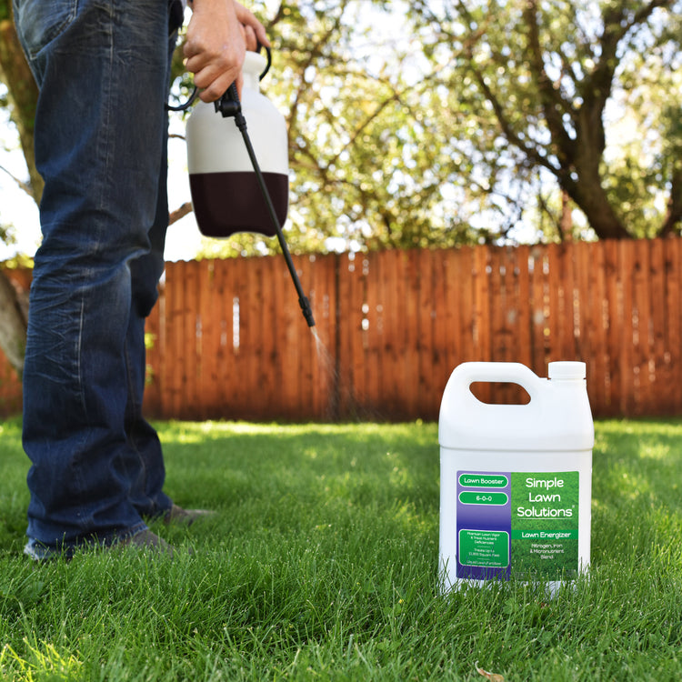 Lawn Energizer 6-0-0 applied with a pump-sprayer to a lush green lawn