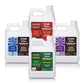 A set of four 32 ounce white plastic jugs with labels,  the Simple Grow Solutions OMRI Bundle with Soil Hume, Root Hume, Sea Hume and Micro Booster on a white background